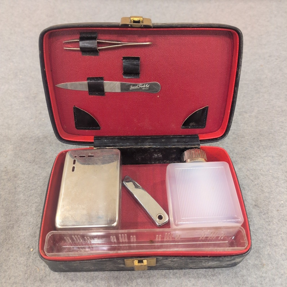 Vintage Travel Grooming Kit Black Red Case Metal Lighter Nail File Germany NA308 - Picture 2 of 2